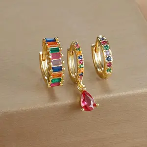 Light Luxury INS Geometric Water Droplet Diamond Plated Gold 3-piece Combination Zircon Earrings Set