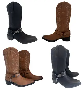 Men's Cowboy Mid-Calf Boots Western Chain Buckle Harness Dress Shoes Classic PU Leather Black Brown Sizes 6.5-13 Adjustable Buckle Full Height 14" Circumference 15.5"