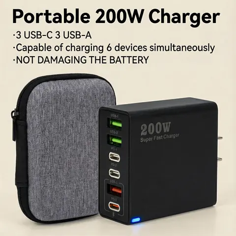 200W 6-Port PD USB-C Phone Charger Cube - 6-in-1 Portable Wall Plug Adapter with USB-A/C Ports for Cellphone, Mobile, Electronic Devices, Laptops, MacBook, International Travel Use