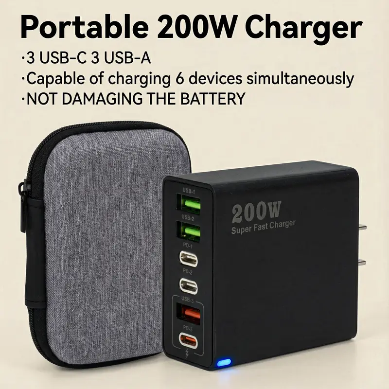 200W 6-Port PD USB-C Phone Charger Cube - 6-in-1 Portable Wall Plug Adapter with USB-A/C Ports for Cellphone, Mobile, Electronic Devices, Laptops, MacBook, International Travel Use