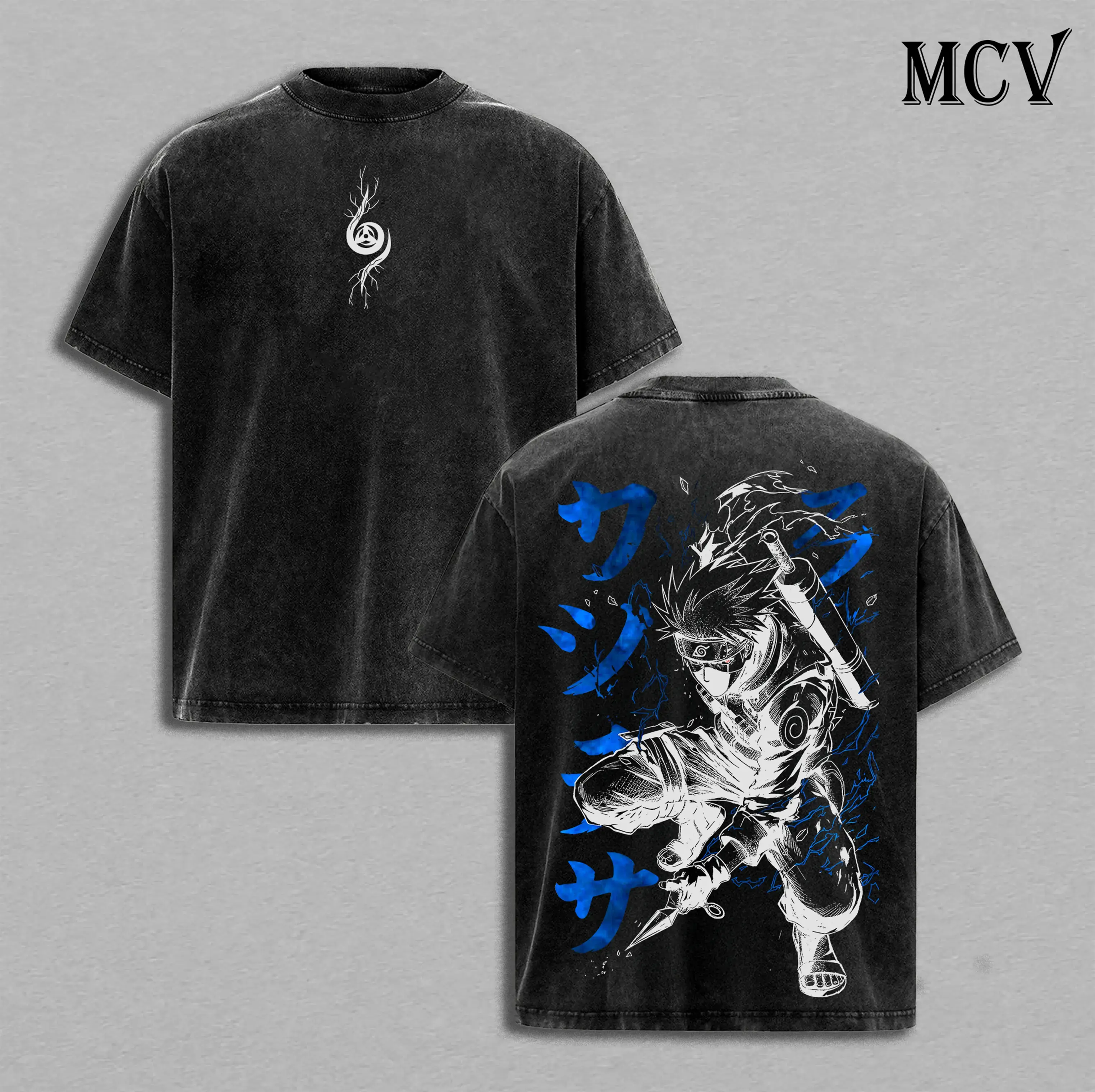 Vintage Washed Kakashi Hatake Graphic Tee - Naruto Anime Sharingan Double Printed Oversized T-Shirt, Heavyweight Cotton Unisex Y2K Streetwear