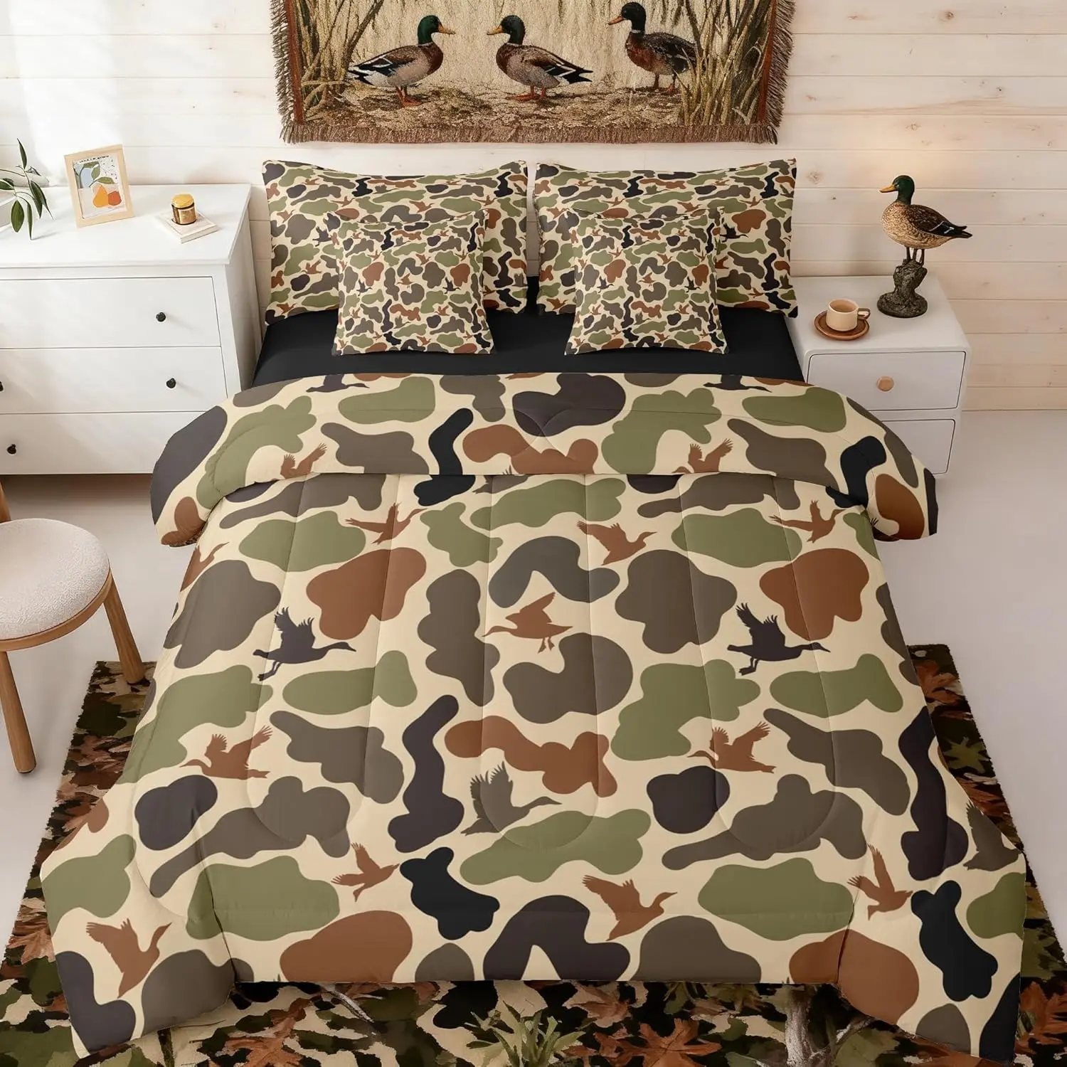 Duck Hunter Bedding Sets Green Camouflage Hunting 7 Pieces Bed Set,Black Brown All Season,Bed in a Bag with Comforter,Sheets,Pillowcases Camo Army Bed Set Breathable Wild Room Decor