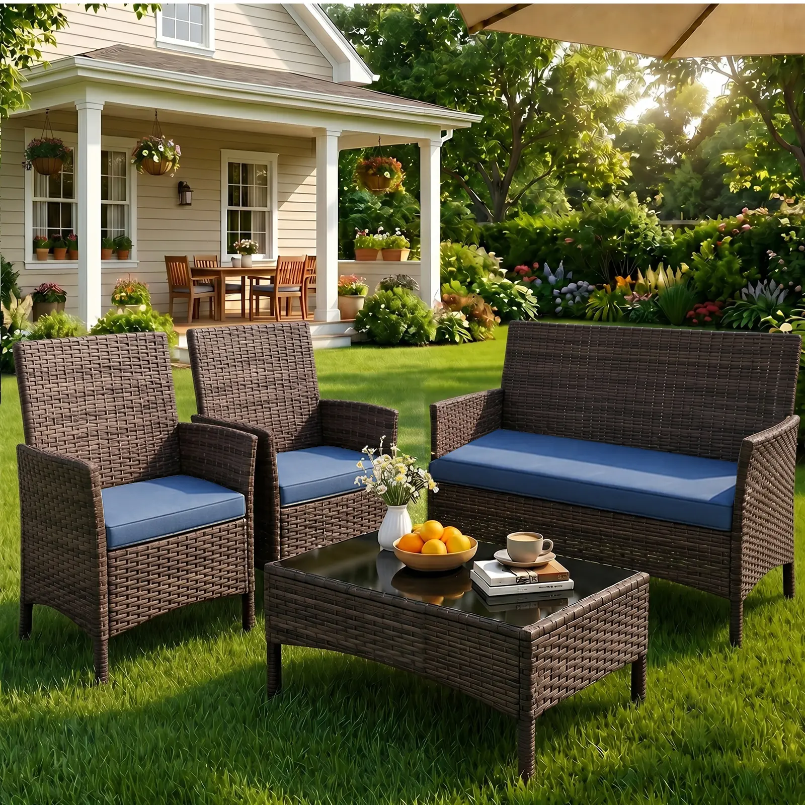 Gasee 4-Piece Outdoor Furniture Set - Rattan & Metal Patio Furniture Set with Waterproof Weaved Chairs, Loveseat, Glass Table, Cushions, Strong Frames, Easy Unboxing, Brown/Navy for Patio, Backyard, Outdoor Furniture Sets, Metal Patio Furniture Sets