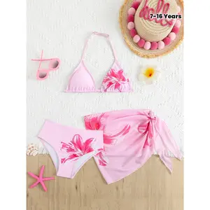 Cute Tween Floral Triangle Bikini - Swimsuit Set with Sarong (Print Style Random) - Young Girls Sets Swim Suits - for Women Bathing Suit Set - Bathing Suits for Teens Top Summer Holiday