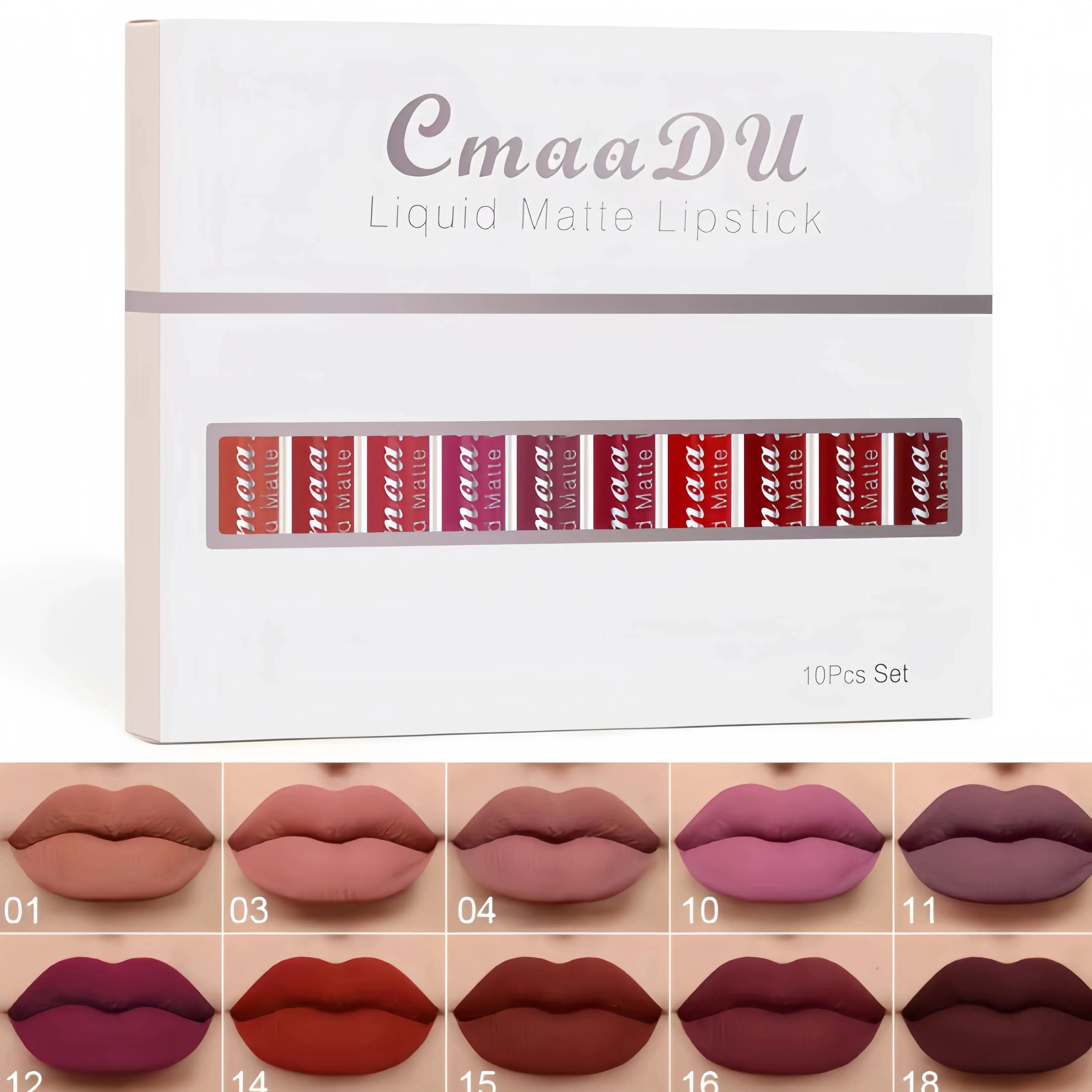 Women's 10 Pcs/Box Assorted Shades Liquid Matte Lipstick Multi-Pack - Dark Deep Bright Ruby, Blood Brick, Plum, Mauve, Rose Red, 24-Hour Long Lasting, Beeswax Infused, Waterproof Wear, Beginner Easy, All Skin Types, Gift for Makeup Enthusiasts, Assorted L