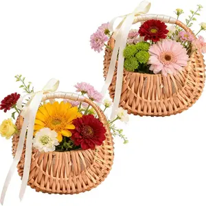 2 PC Wicker Rattan Flower Girl Basket Wedding Flower Basket Cute Rattan Wicker Basket Wicker Storage Basket Decorative Baskets for Home Decor