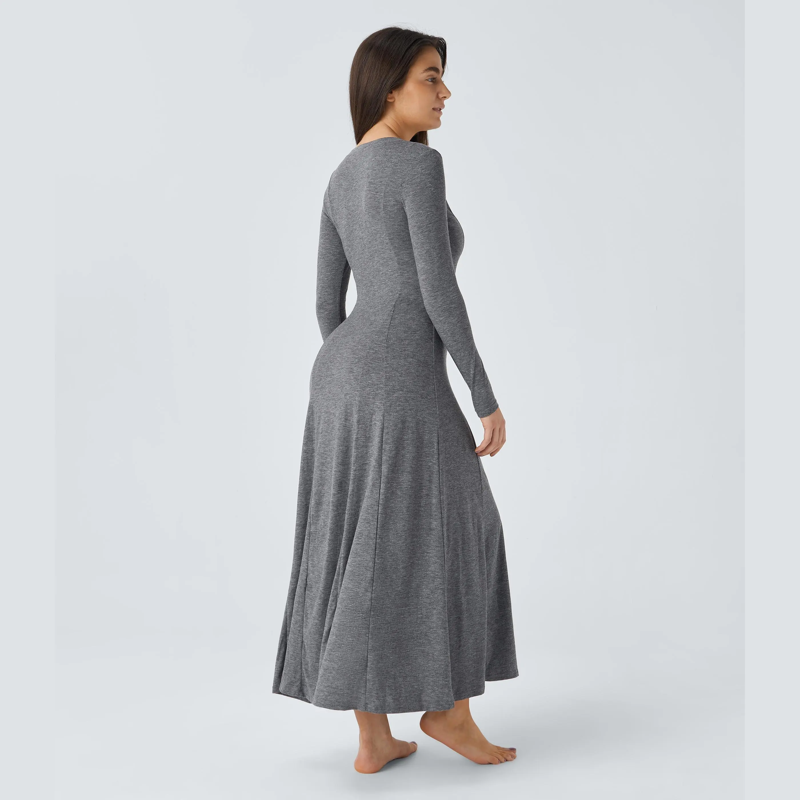 Halara Round Neck Button Long Sleeve Flare Maxi Casual Dress Fabric Womenswear