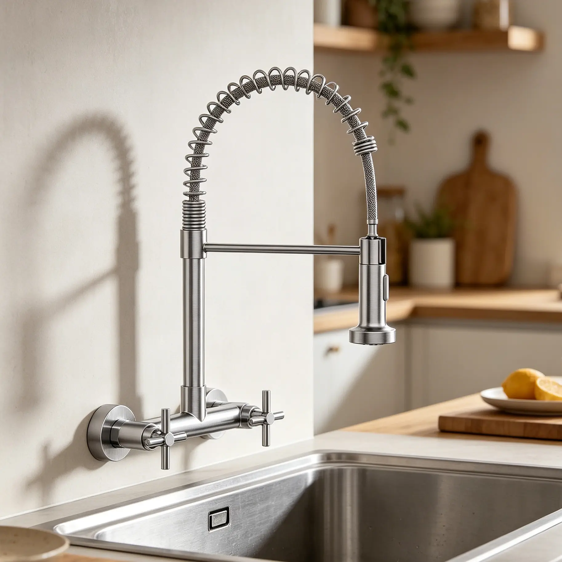 Wall Mount Kitchen Faucet,  Brushed Nickel Kitchen Sink Faucet, 8 Inch 2 Handle Wall Mount Commercial Sink Faucet with Pull Down Sprayer for Kitchen Laundry Room Restaurant