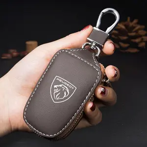D-Type Leather Keychain Zipper Pouch with Metal Hook, Suitable for Peugeot Models 108 406 407 408 206 207 208 306 307, Car Accessories