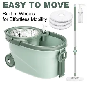 Spin Mop and Bucket Set with Wheels, 360° Self-Wringing Mop System with Stainless Steel Handle, 3 Reusable Microfiber Mop Heads for Hardwood, Tile & Laminate Floors high-efficiency cleaning product