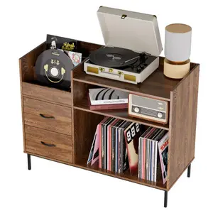 Bellemave Turntable Record Player Stand with Adjustable Shelves, 350+ Vinyl Capacity, Media Console with Speaker Shelf & 2 Drawers, 27.6" TV Stand for Living Room, Bedroom, Some Assembly Required
