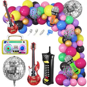 90Pcs 80s 90s Party Balloon Kit – Retro Garland with Disco Ball, Boombox, Guitar & Microphone Foil Balloons for Throwback or Hip Hop Parties