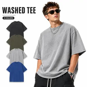 Men's retro washed oversized T-shirt, loose-fitting, drop-shoulder, crew neck, short-sleeved T-shirt, street style textured basic top, suitable for summer wear, casual washed T-shirt, versatile for everyday wear.