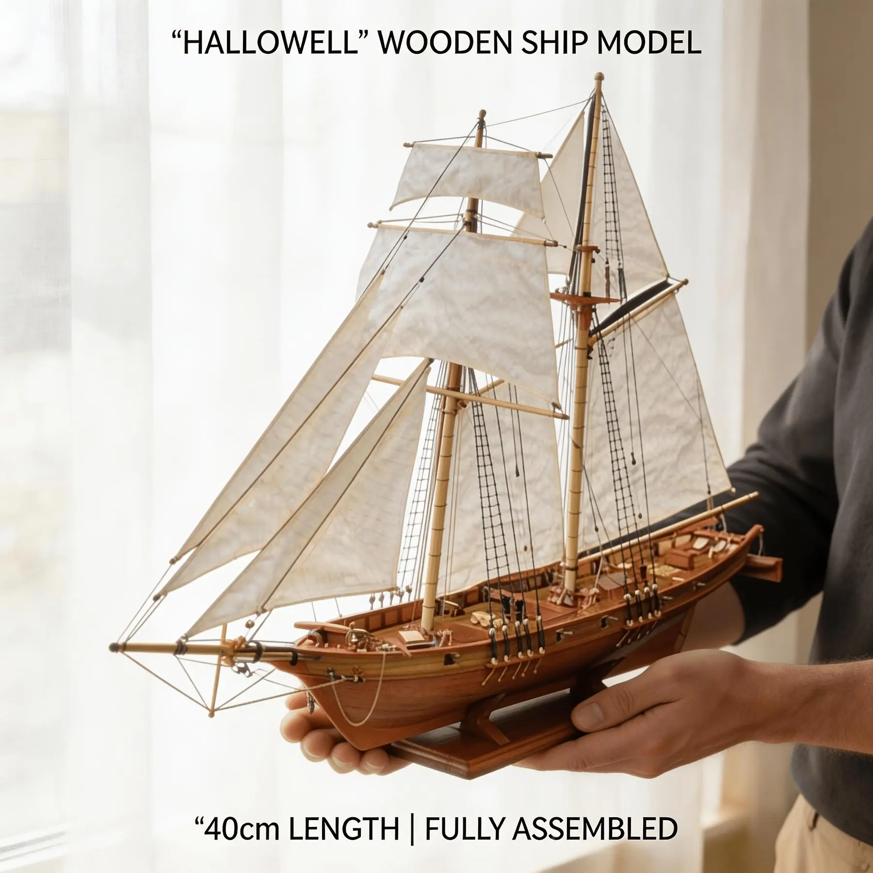 Hallowell Vintage Wooden Sailboat Model, Fully Assembled Nautical Desktop Home Decor Ornament, 40cm Retro Ship Tabletop Display Craft, Great Deals For You Days Gift for Father’s Day & 4th of July Independence Day Housewarming Nautical Home Decor Gift