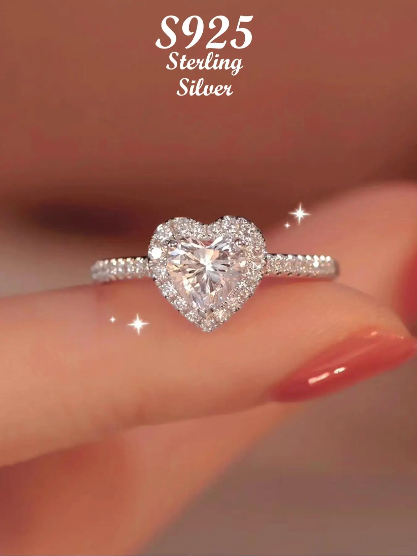 S925 Sterling Silver Ring for Women, Sweet Style Rhinestone Decorated Heart Shaped Ring, Fashion Casual Trendy Exquisite Jewelry for Party for Gift, E