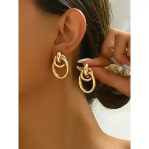 1pair Fashionable Gold Tone Metal Multi-Turn Knotted Design Stud Earrings For Women, Double Hoop Studs, Statement Dangling Earrings, Unique Earrings. (The Color Of The Product May Vary Slightly Under Different Displays/Lighting Conditions)