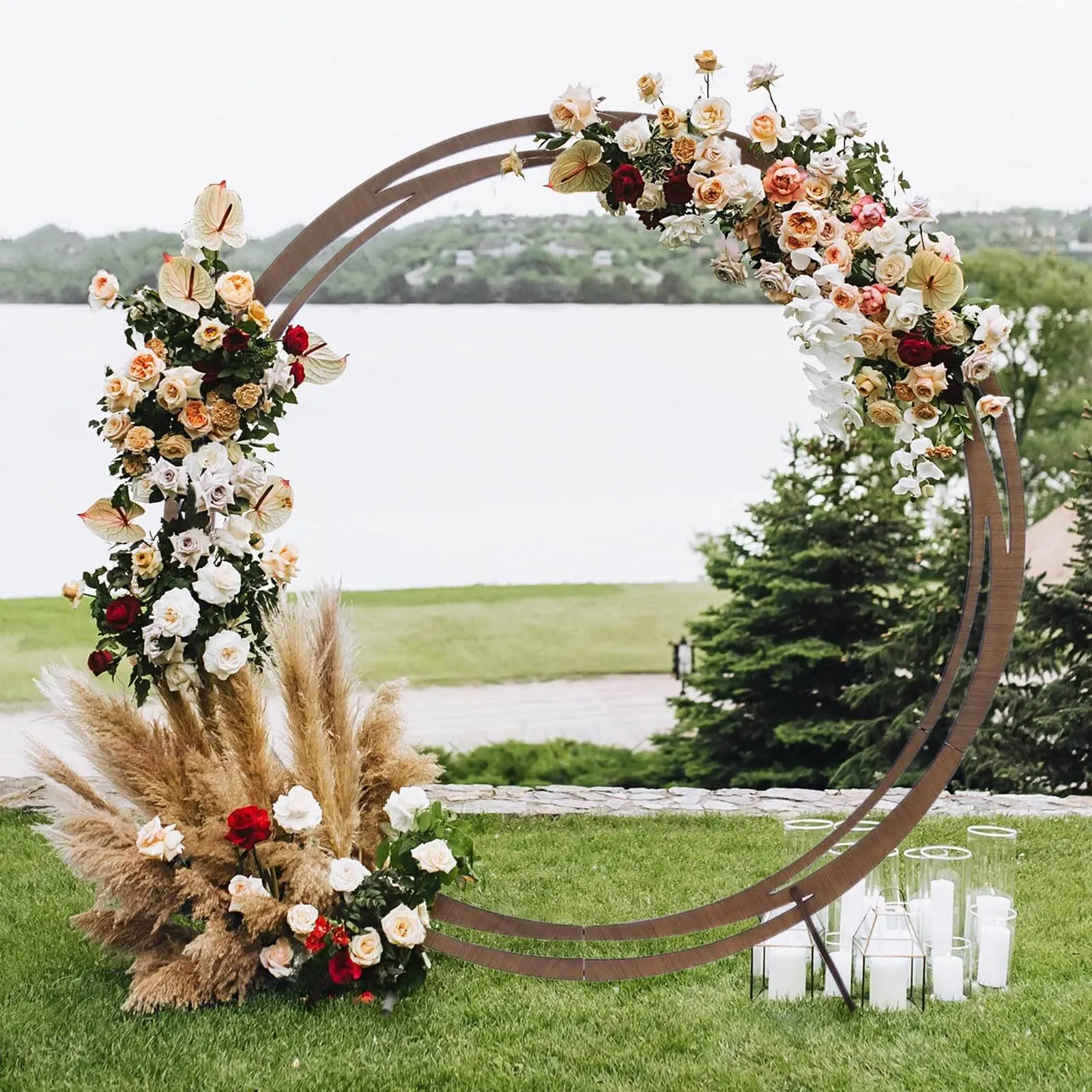 8ft Rustic Natural Brown Wooden Wedding Arched Backdrop Stand - DIY Round Arbor Kit (44in, Arch Only), Festive Event Decor Supply