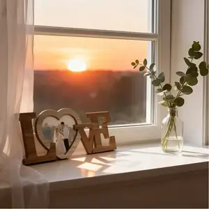 1Pc Love Lettering Heart-Shaped Photo Frame, Elegant Wooden Wall Decor with LOVE for Home Office Wedding Anniversary Valentines Day Gift