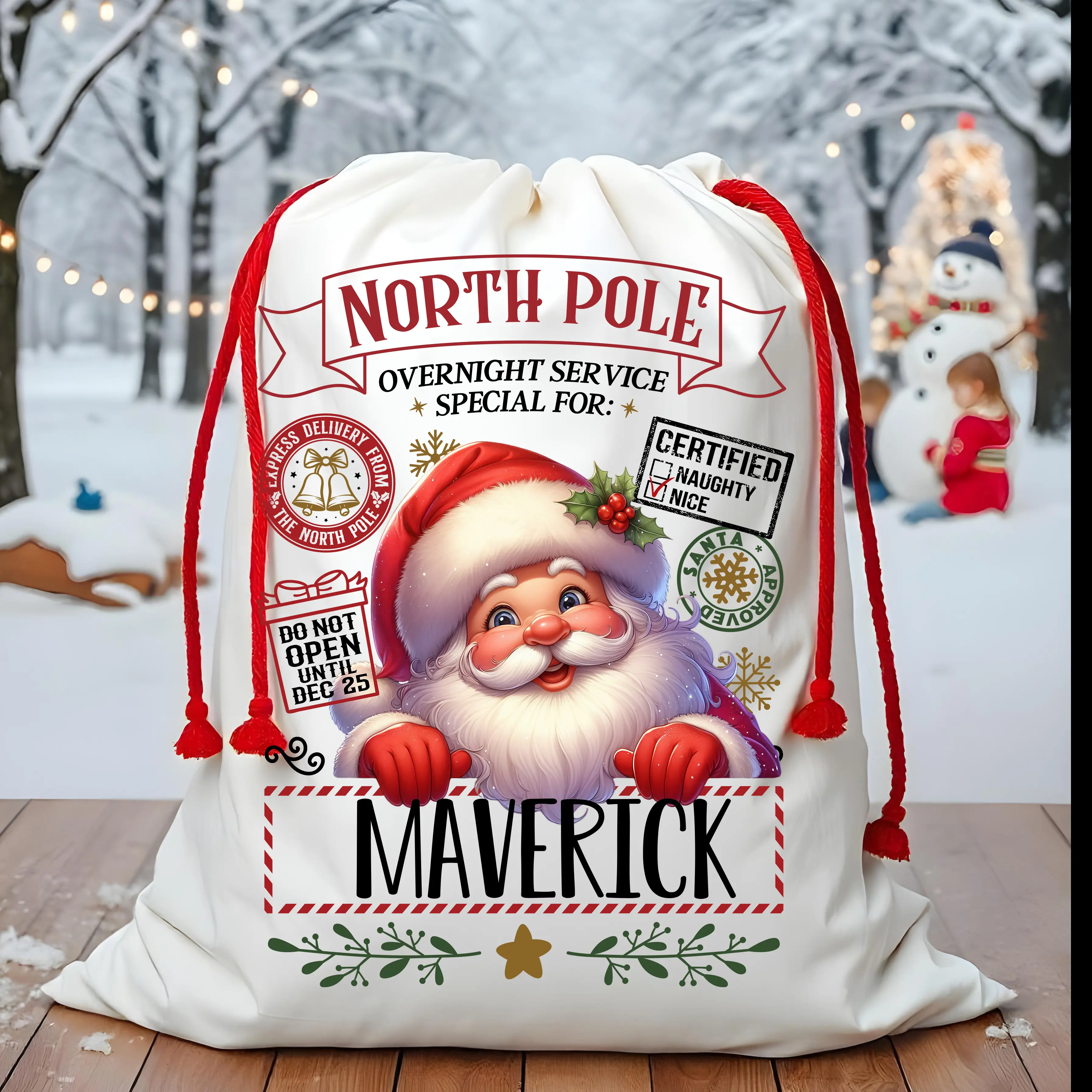 Personalized Christmas Gift Sack with Red Drawstring, Custom Santa Sack - XL size 19.5 x 27.5