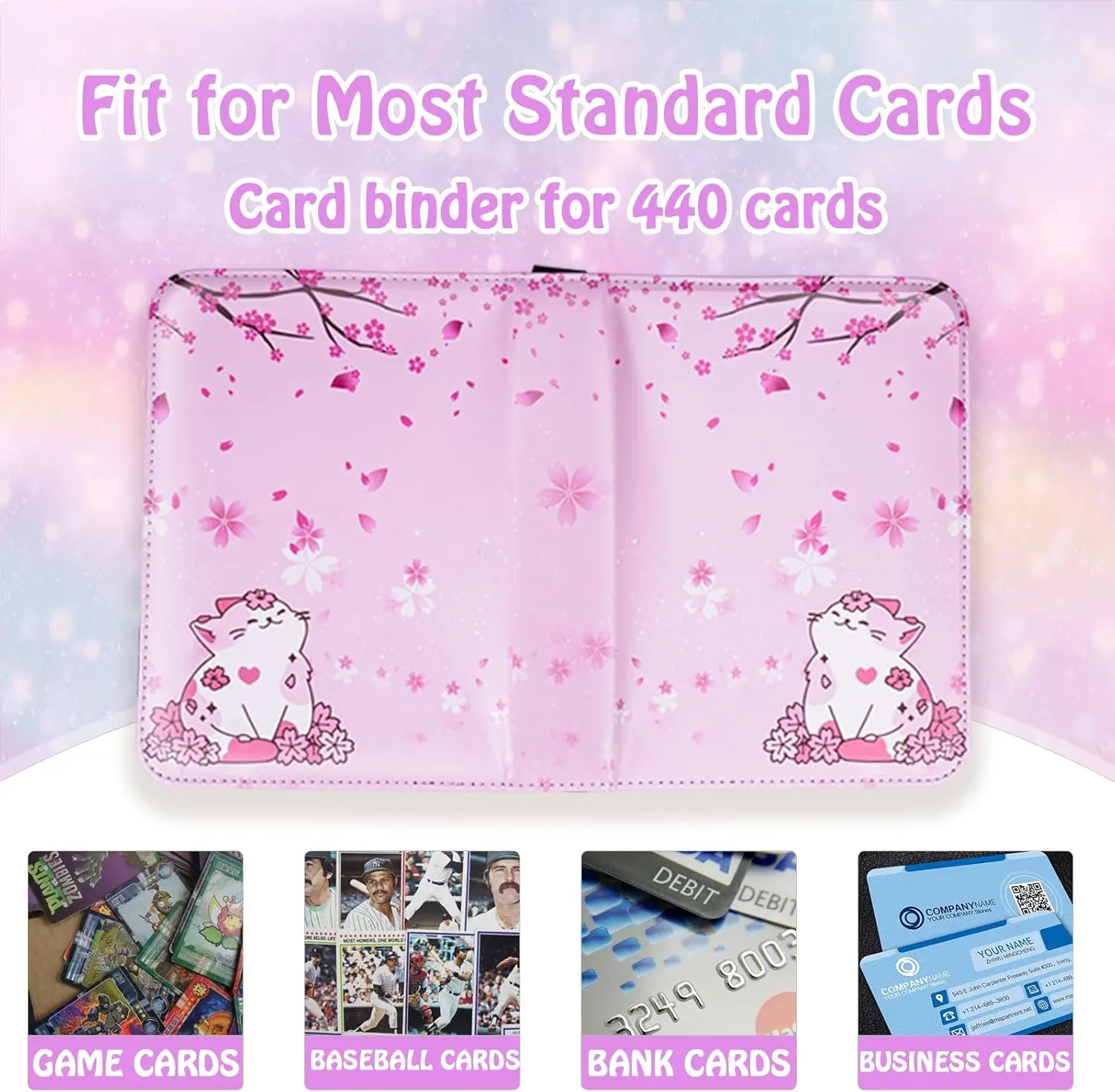 Card Binder for Girls Gifts,440 Cards Collectible Trading Card Holder Case with 55 Sleeves, 4 Pocket for TCG Game Cards Collection Sports Trading Cards Collector Album (Sakura cat)