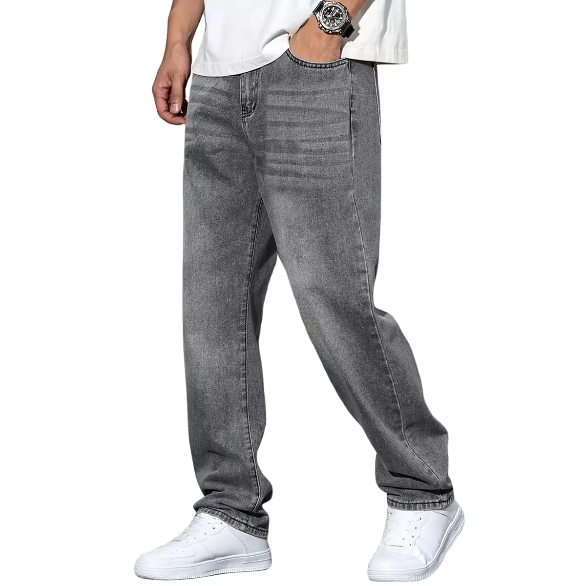 Men's Classic Plain Gray Stretch Denim Jeans - Menswear Pants with Regular Fit Pockets, All-Season Casual Streetwear Trousers, T-Shirt, Plain Denim Pants, Halloween, Sneakers, Buttons, Thanksgiving, Machine Wash, Multi-Function, Vintage
