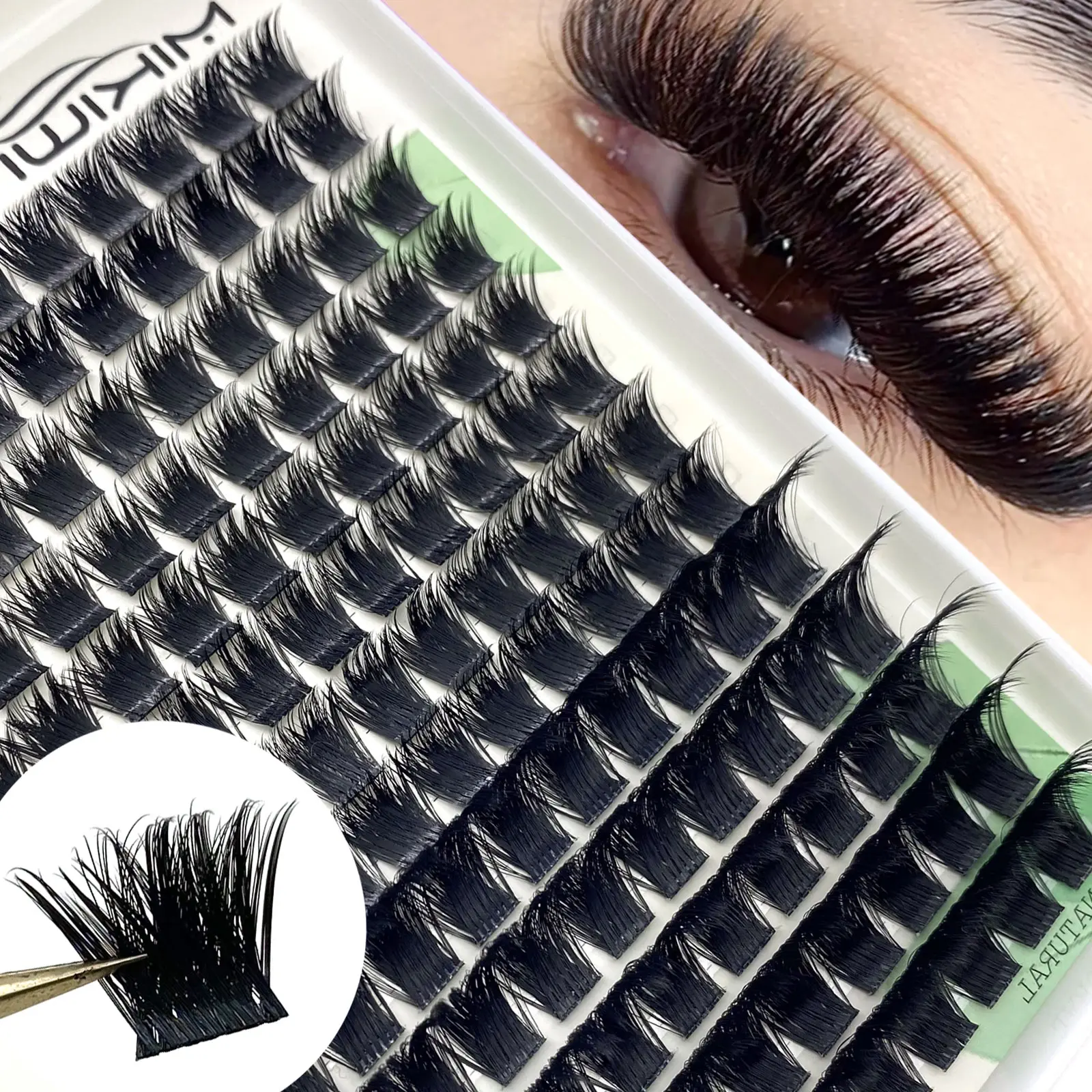 Mikiwi 143PCS Lash Cluster 200 D Curl Cluster Eyelash Extensions Dark Fluffy Lash Clusters Mega Volume Tea Look Lashes 10-18mm False Eyelashes For Beginners