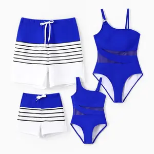 PatPat Family Matching Blue Drawstring Swim Trunks or Blue  One-Piece Strap Swimsuit Spingtok