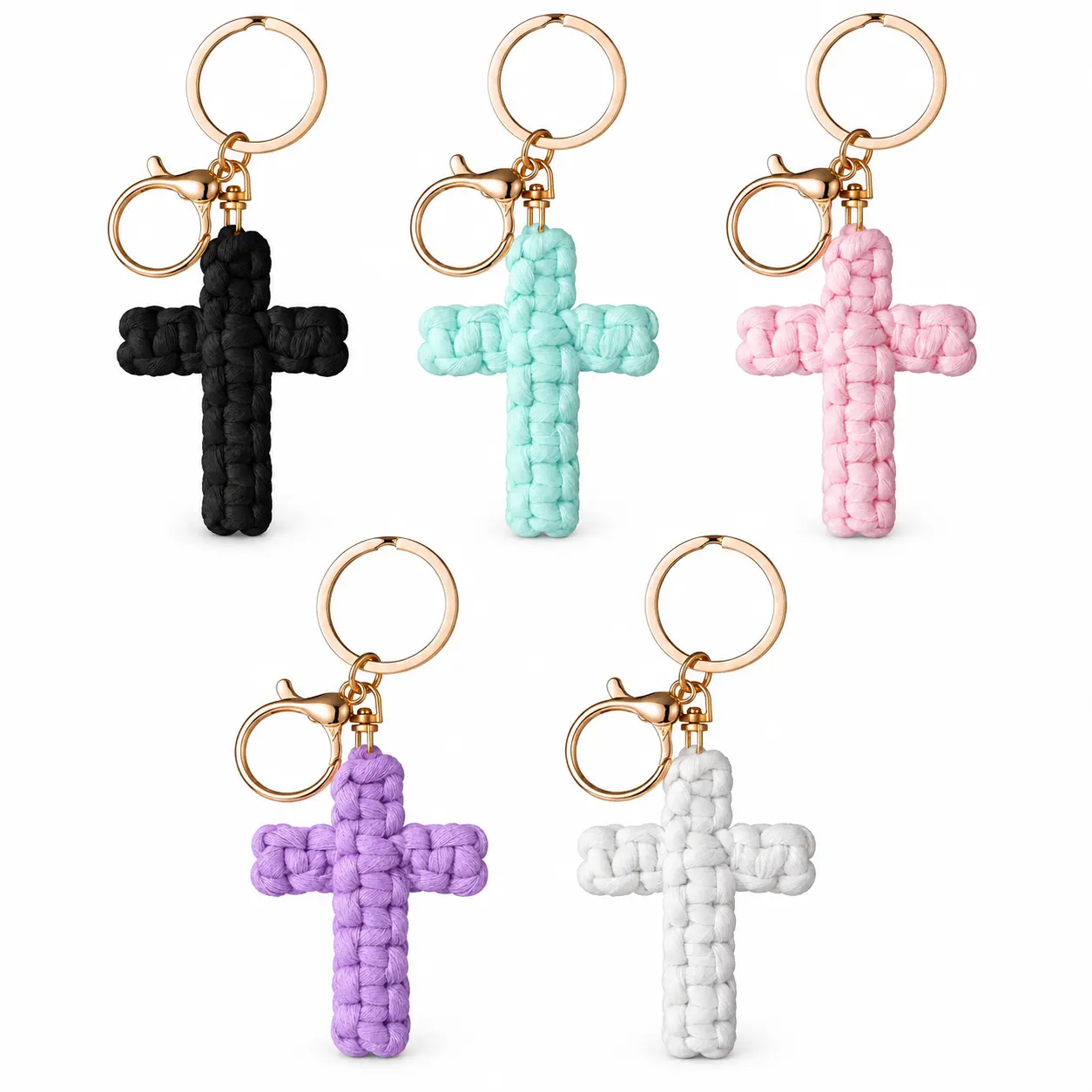 Handmade Macrame Cross Keychain - Boho Woven Bag Charm & Car Key Ring Lanyard - Christian Religious Faith Accessory For Keys And Bags