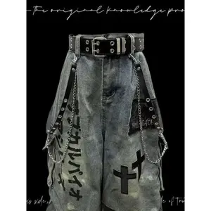 Gothic Punk Wasteland Jeans - Seven-Part Patchwork Wide Leg, Distressed Wrinkled Pants Menswear Trouser Man Streetwear Denim Pocket Tropical Can be used with a raincoat