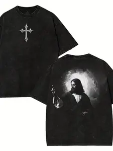 Gothic Cross Design T-Shirt | Vintage Style with Ornate Front Graphics and Intricate Back Illustration - Features a Majestic Religious Figure Surround