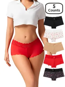 5-Pack Sexy Lace Trimmed Underwear, Cherry Print No-Show Breathable Women's Boxer Shorts, Skin-Friendly for All Seasons