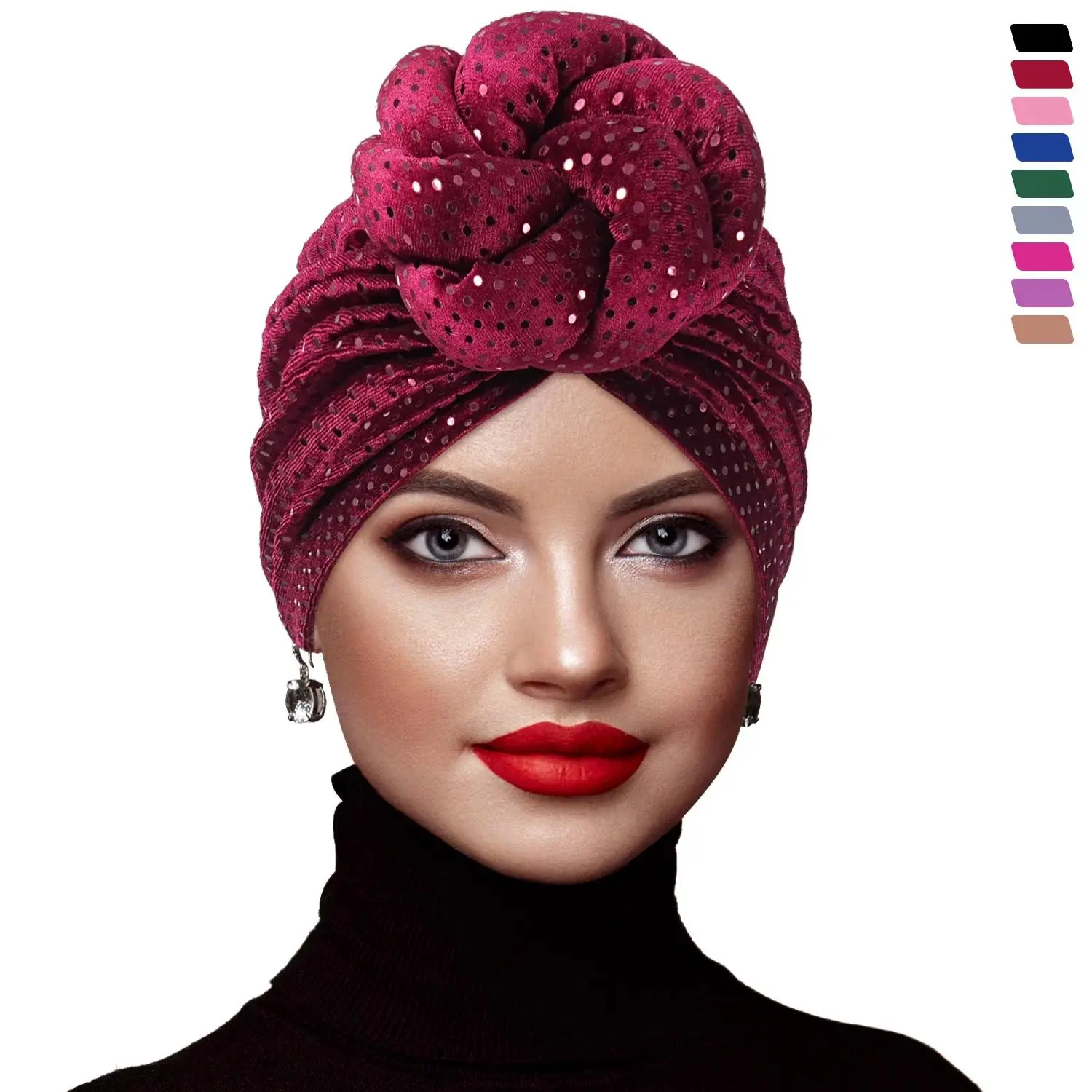 Women's New Big Knotted Sequin Turban Hat - African Headtie Muslim Headscarf for Hair Loss, Chemo Cap, Bonnet Beanie Turbante Mujer, For Muslim, Modesty