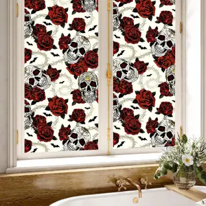Rose Skull Privacy Glass Film, Static No-Adhesive Removable Frosted Window Sticker, UV Protection for Bathroom Kitchen Bedroom Windows