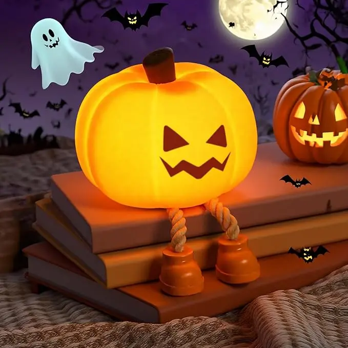 Squishy Silicone Pumpkin Night Light - USB-C Rechargeable, Battery-Powered LED, Dimmable, Timer-Equipped Nursery Lamp for Kids' Bedside, Baby Room Decor