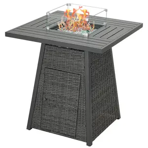 NAGA BAHNA Propane Fire Pit Table 36" Outdoor High Fire Table with Wind Guard, Square Bar Height Gas Firepits, Wicker Fire Tables for Outside Patio(Grey）