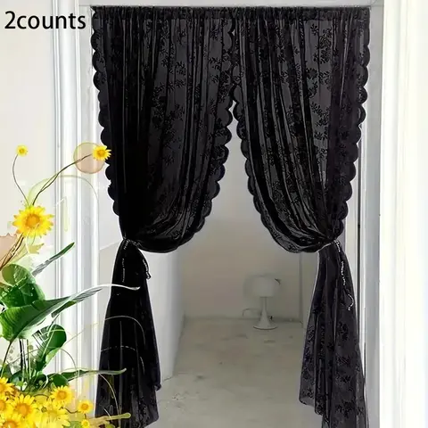 2-Count Floral Embroidered Lace Door Curtain, Wavy Edge, Semi-translucent Window Screen, Decorative Touch for Home Living Room, Bedroom, Hotel Doorway