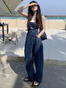 Loose-Fitting Dark Wash Denim Overall Jumpsuit for Women, Versatile Year-Round Fashion, Simple Style with Comfort Fit