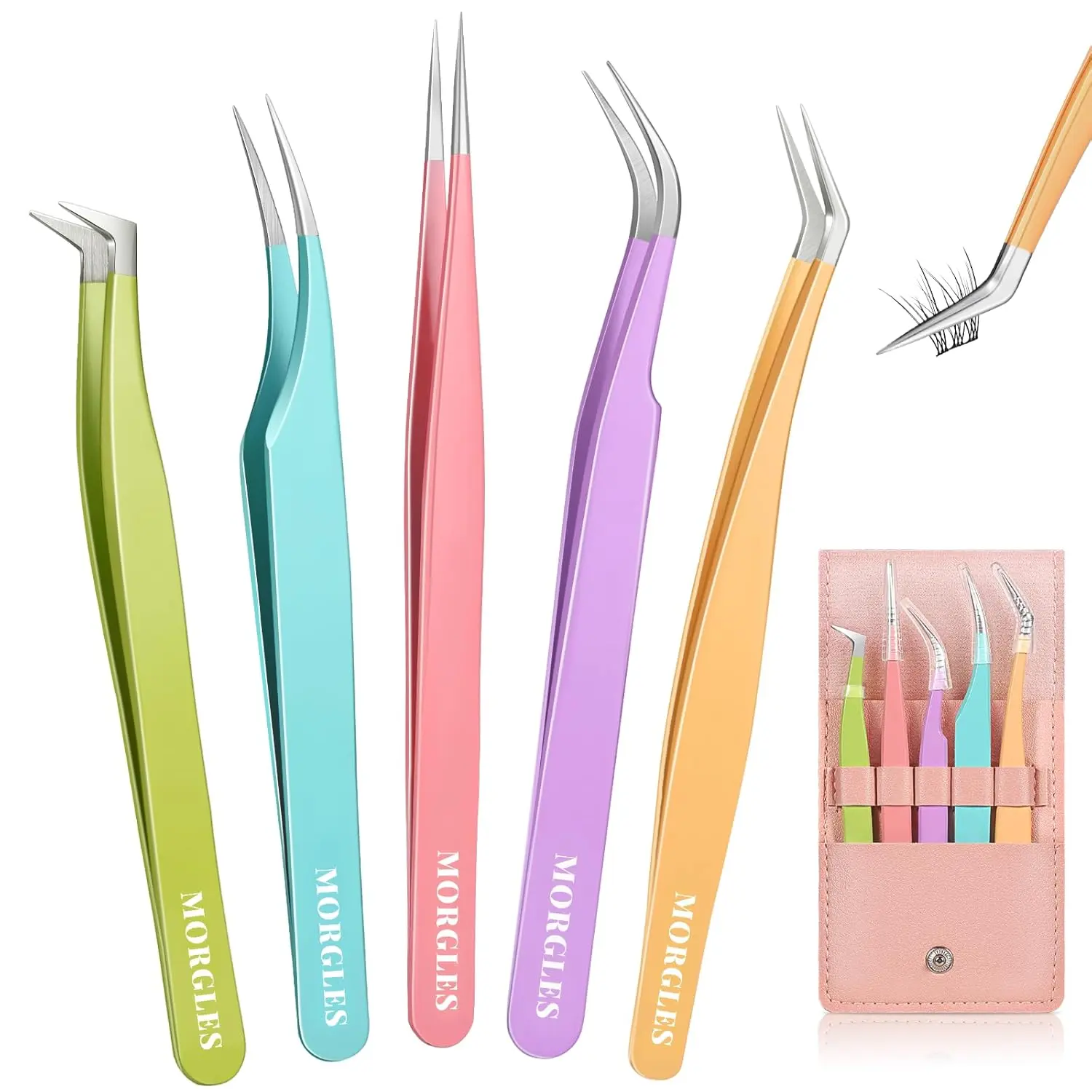 5pcs Eyelash Extension Tweezers High Precision Straight & Curved Volume Lash Tweezers for Extensions Crafting Girls Women Beginners