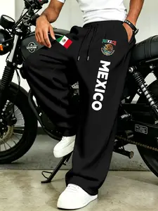 Men's Mexico Theme Casual Sports Pants, Loose Straight Leg Sweatpants, Athleisure Style Sweatpants, Breathable Skin-Friendly Long Pants, All-Season Fashion, Casual Athletic Pants