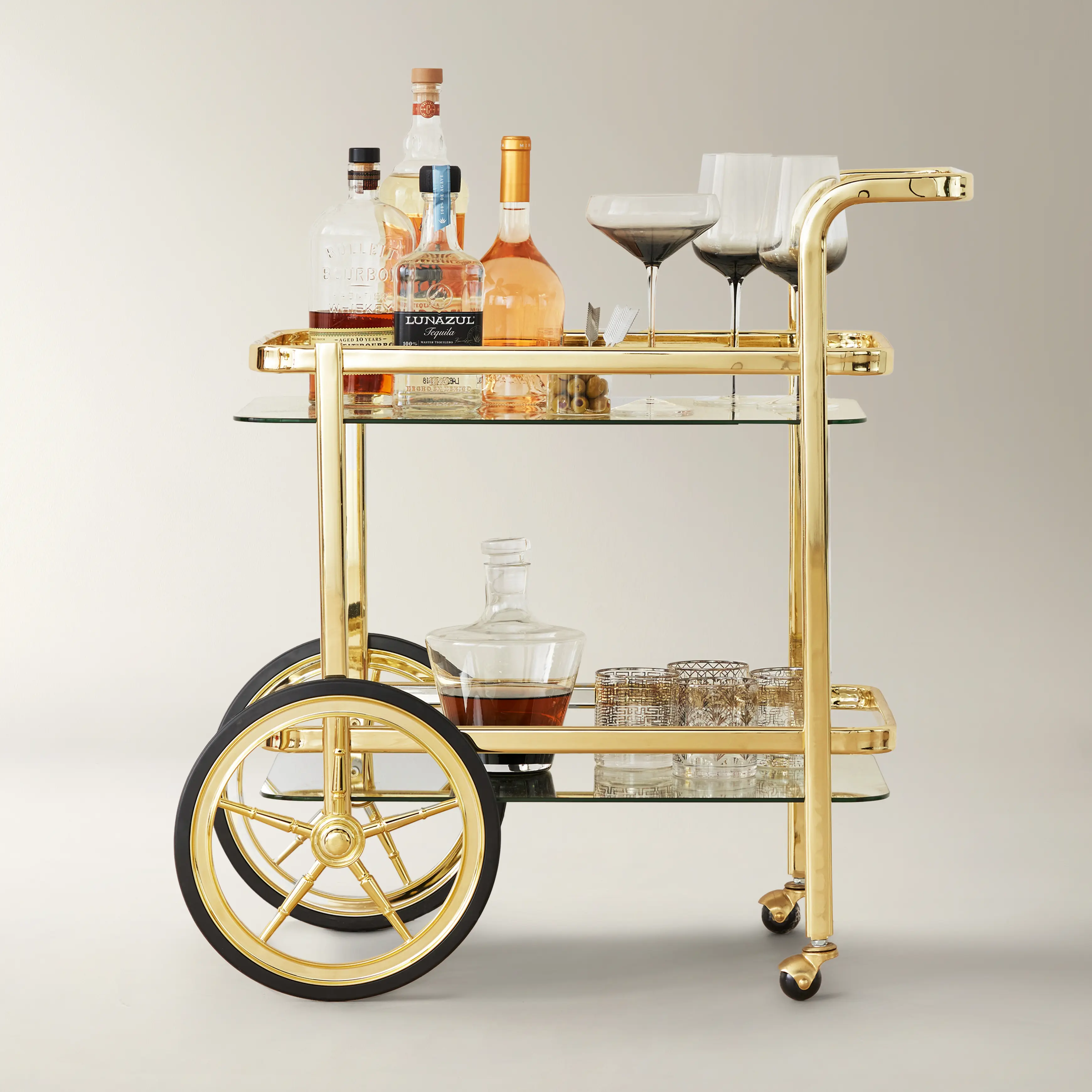 Z Gallerie Glass-Steel Bar Cart with Rolling Wheels & Mirror Tops - 29.5"l x 29.8"h x 16.2"w Storage, Kitchen Wine Utensil Racks, Glassware Holder, Beverage Organizer with Display Function, Bar Storage