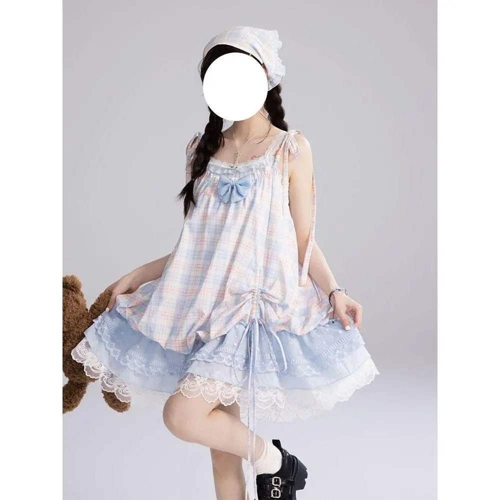 Summer New Pink Plaid Sling Dress Women Design Sweet Off Shoulder Lace Bow Dresses Kawaii Lovely Patchwork Loose Short Dress
