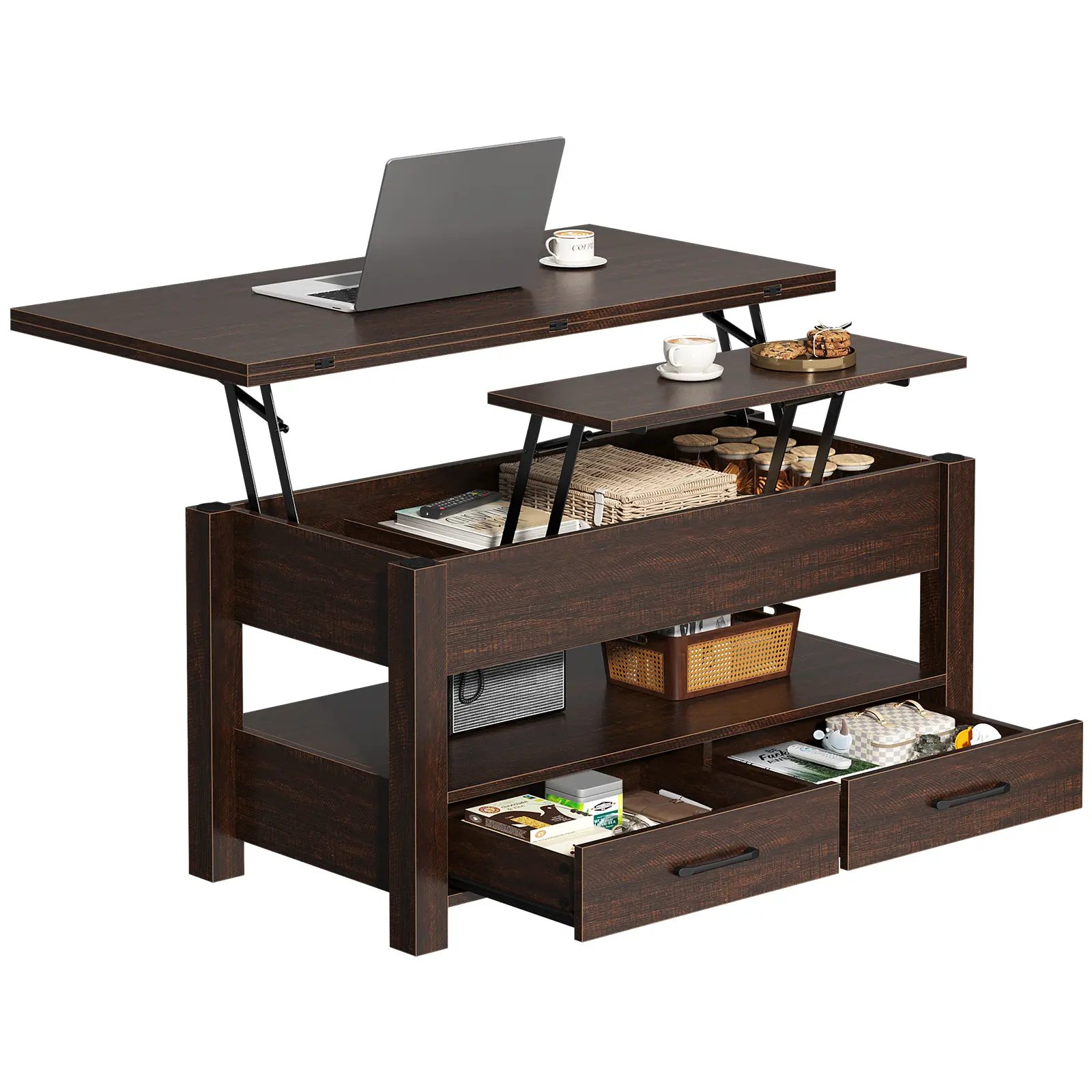 39.4" Convertible Lift Top Coffee Table, 4 in 1 Multifunctional Table Expandable Coffee Table to Dining Table with 2 Drawers and Storage for Small Living Room, Apartment, Board Game