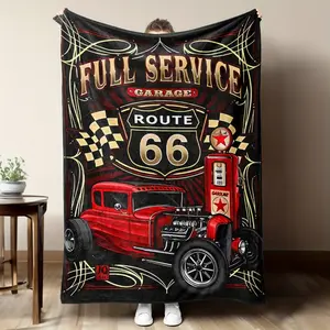 1pc Vintage Garage Throw Blanket - Retro Hot Rod Car Design with Route 66, Soft Flannel Sofa Bedspread - Mid-Century Automotive Decor in Red/Black/ Golden/Gray/ - Ideal Gift for Car Lovers, for Man Cave, Garage