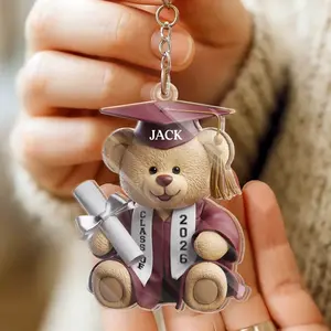 RodyThread Personalized Graduation Teddy Bear Custom Name Acrylic Keychain For Students Graduates Cute Preppy Keepsake Aesthetic Maroon Clear Acrylic Bag Charm Senior Class Of 2026 Diploma Bear Commemorative Gift Custom School Tag
