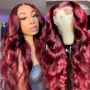 Bling Hair 99j Red Color Body Wave 13x4 Lace Front Real Hair Wig 180% Density Pre Plucked Baby Hair Real Hair Lace Closure Wig Lace Frontal Wig 100% Real Hair