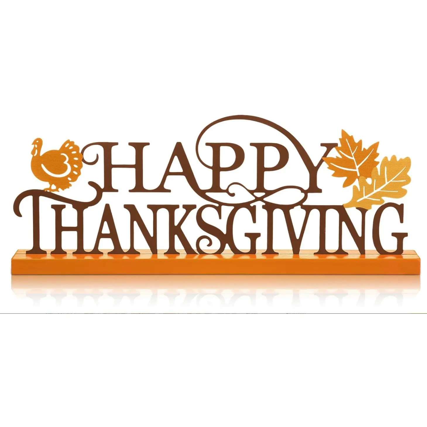 Happy Thanksgiving Table Decor Farmhouse Tabletop Block Sign Rustic Tiered Tray Decor with Wooden Base Freestanding Metal Word Sign and Wooden Pumpkin Cutout for Home Table Shelf Office
