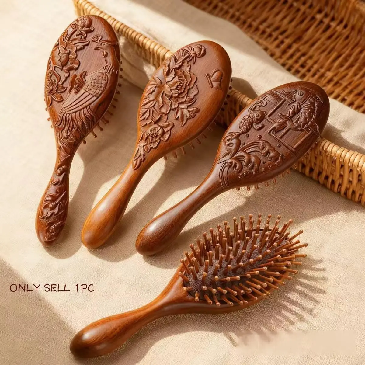 1pc Natural Material Cushion Massage Comb, Carved Phoenix Koi Orchid Peony Patterns, Soft Design Comfortable Scalp Massager, Women Hair Brush Gift, Hair Care Tool