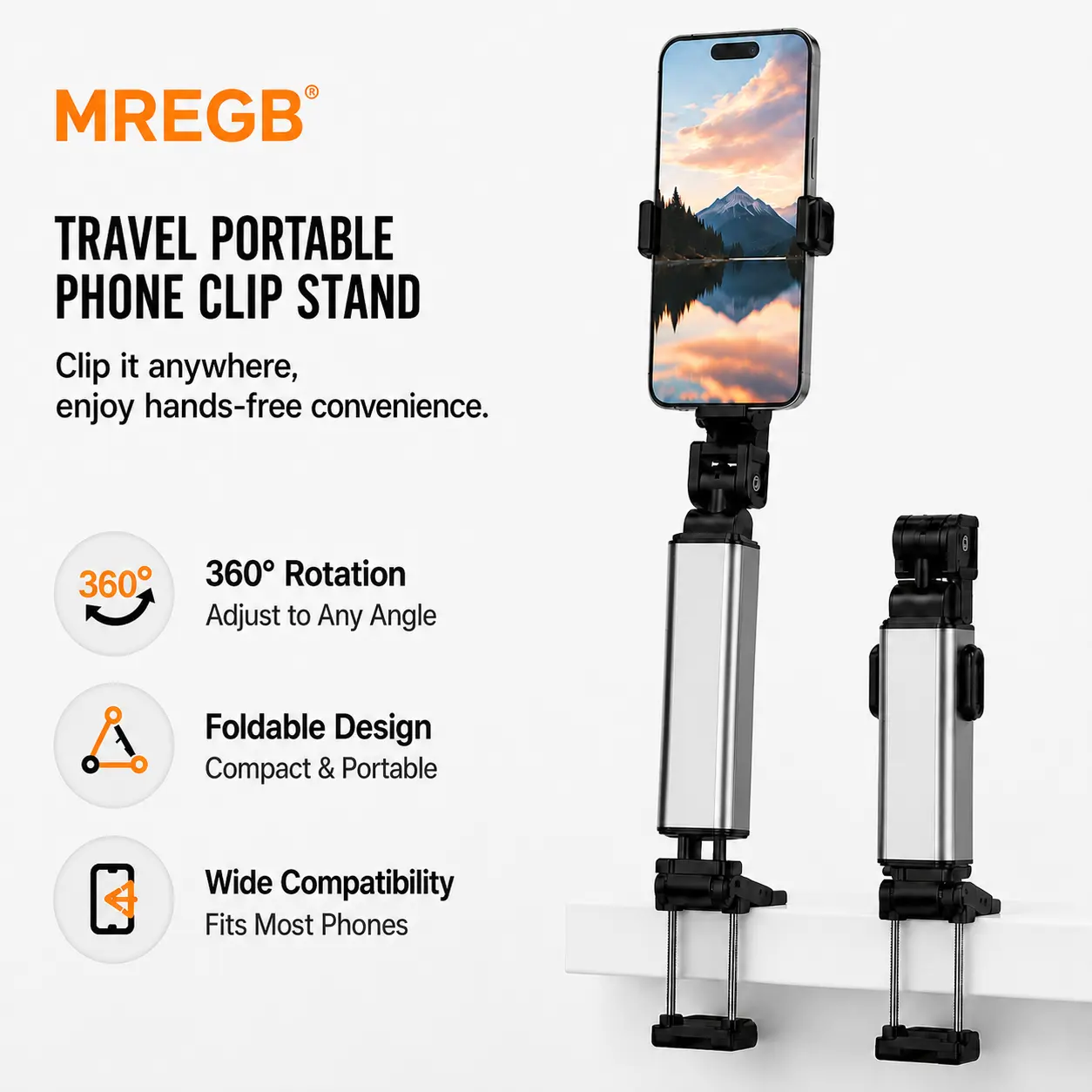 MREGB 360° Rotating Phone Stand for Desk, Foldable Adjustable Cell Phone Holder, Portable Desktop Phone Stand Compatible with iPhone, Samsung, Android Phones, Stable Anti-Slip Phone Mount for Live Streaming, Video Calls