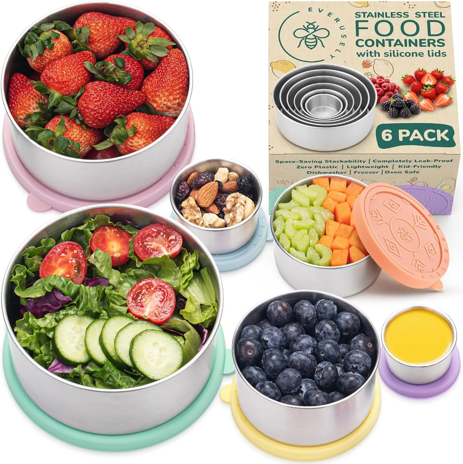 EVERUSELY 6-Piece Stainless Steel Food Containers with Lids, Bright Collection, Airtight, Spill-Proof, Hygienic, Non-Plastic, Portion-Controlled, Nesting, Portable Reusable Meal Kit Snack Holders, Airtight Food Containers, Hygienic Food Containers
