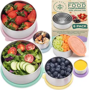 EVERUSELY Stainless Steel Containers with Lids Set of 6 Bright Collection Leakproof Food Containers Nesting Snack Holders Metal Lunch Box Portable Reusable Meal Kit